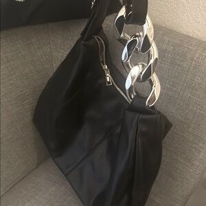 Black Vegan Leather Shoulder Bag With Chunky Chain Link Design